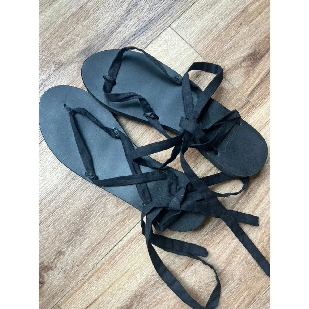 Sseko Ribbon Sandals Wm 11 Black Lace Up Gladiator Flat Strappy Euro Summer Boho